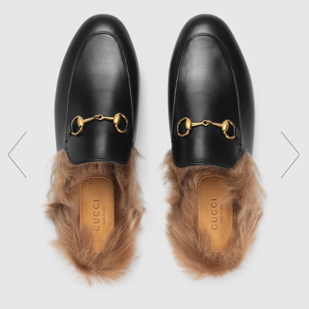Gucci Princetown Black Leather & Fur Loafer Size 39/8